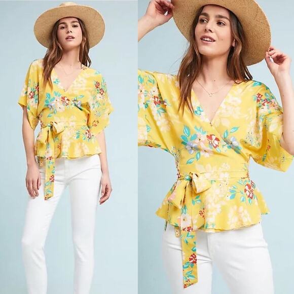Anthropologie Yumi‎ Kim silk yellow floral wrap top blouse small spring vacation - Picture 1 of 5